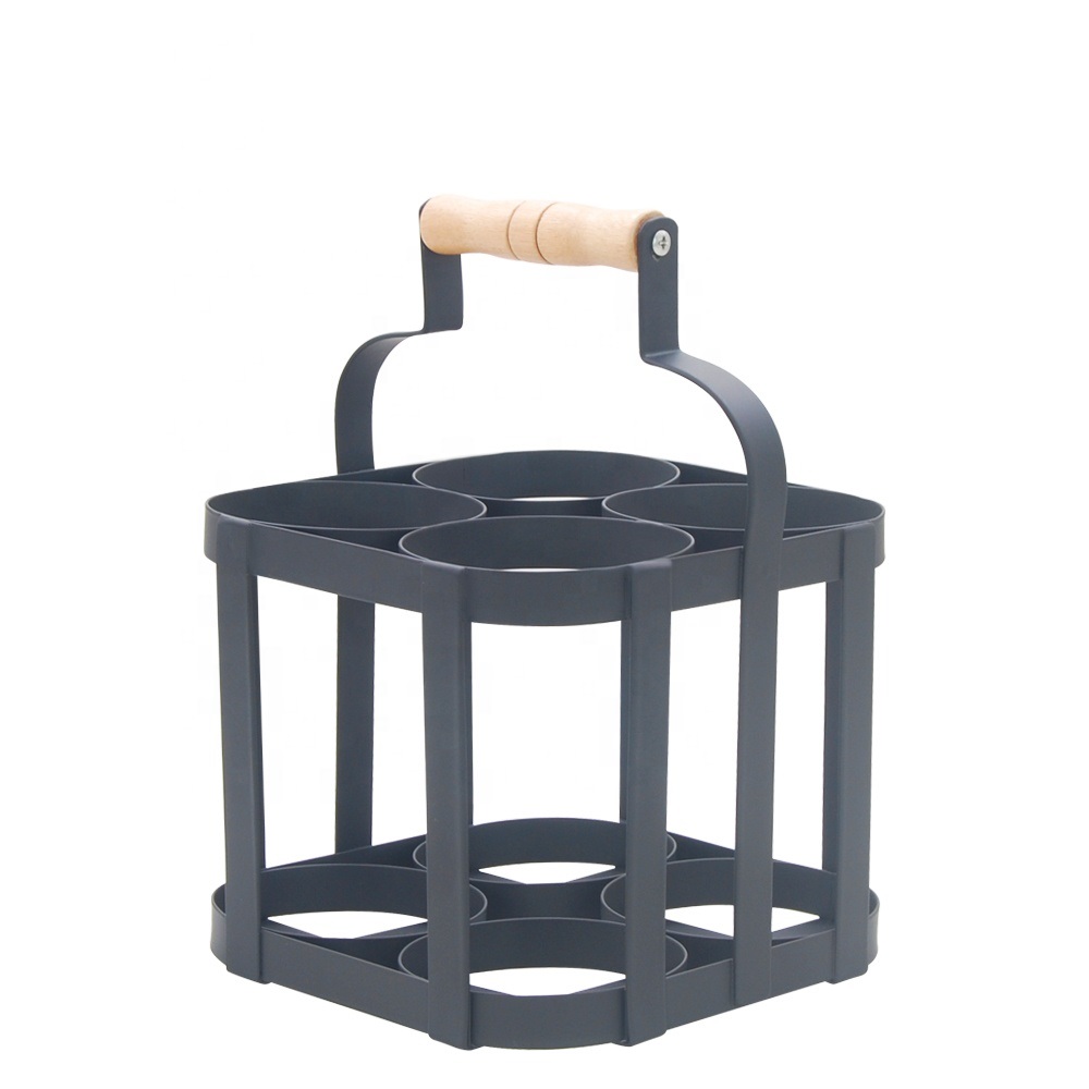 Porte-Bouteilles en Métal Noir avec Poignée en Bois - Panier de Transport pour 4 Bouteilles - Design Moderne et Robuste